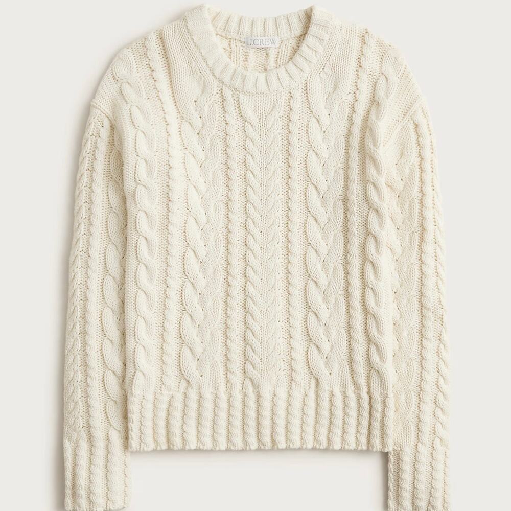 J Crew Fisherman Cable Knit Crewneck Sweater Women's Medium Ivory Preppy